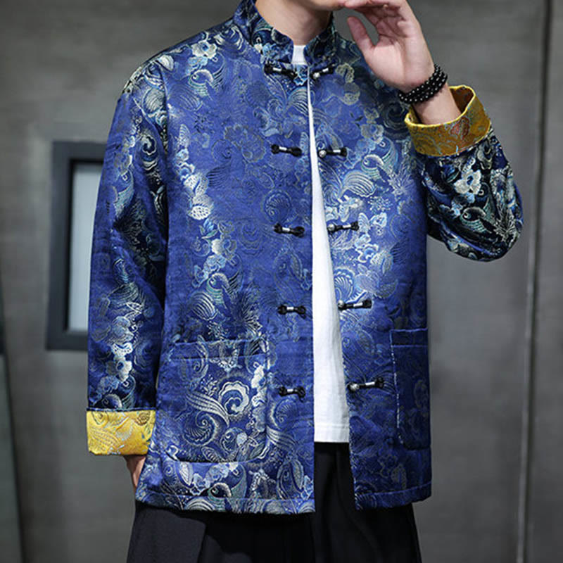 Frog-Button Chinese Tang Suit Stand Collar Long Shirt Men Jacket Clothing