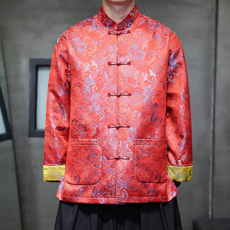 Frog-Button Chinese Tang Suit Stand Collar Long Shirt Men Jacket Clothing
