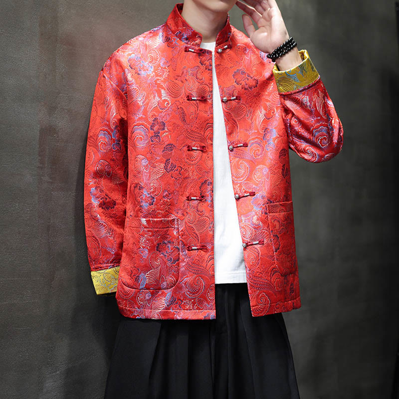 Frog-Button Chinese Tang Suit Stand Collar Long Shirt Men Jacket Clothing