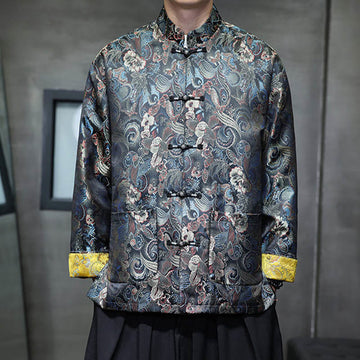 Frog-Button Chinese Tang Suit Stand Collar Long Shirt Men Jacket Clothing
