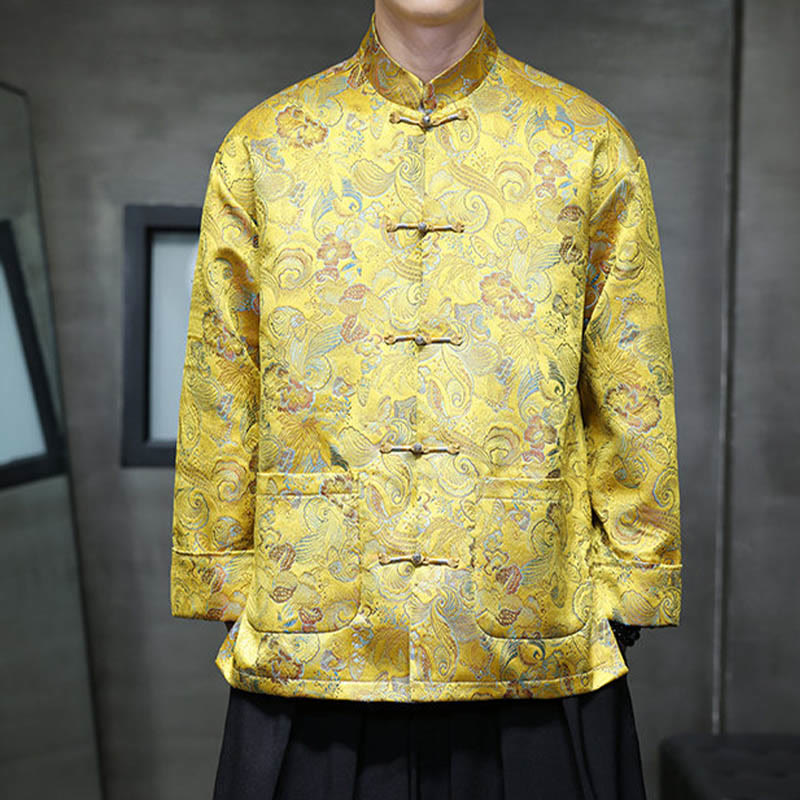 Frog-Button Chinese Tang Suit Stand Collar Long Shirt Men Jacket Clothing