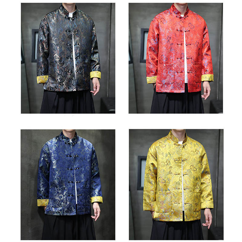 Frog-Button Chinese Tang Suit Stand Collar Long Shirt Men Jacket Clothing