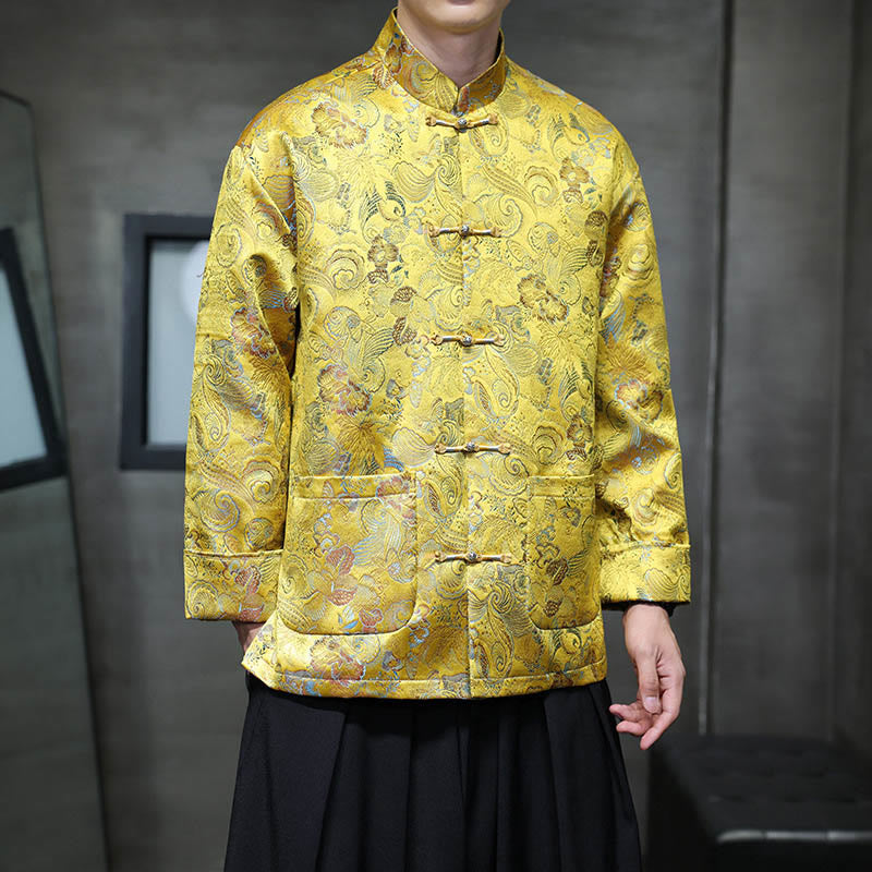 Frog-Button Chinese Tang Suit Stand Collar Long Shirt Men Jacket Clothing