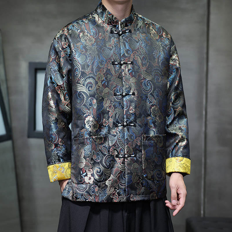 Frog-Button Chinese Tang Suit Stand Collar Long Shirt Men Jacket Clothing