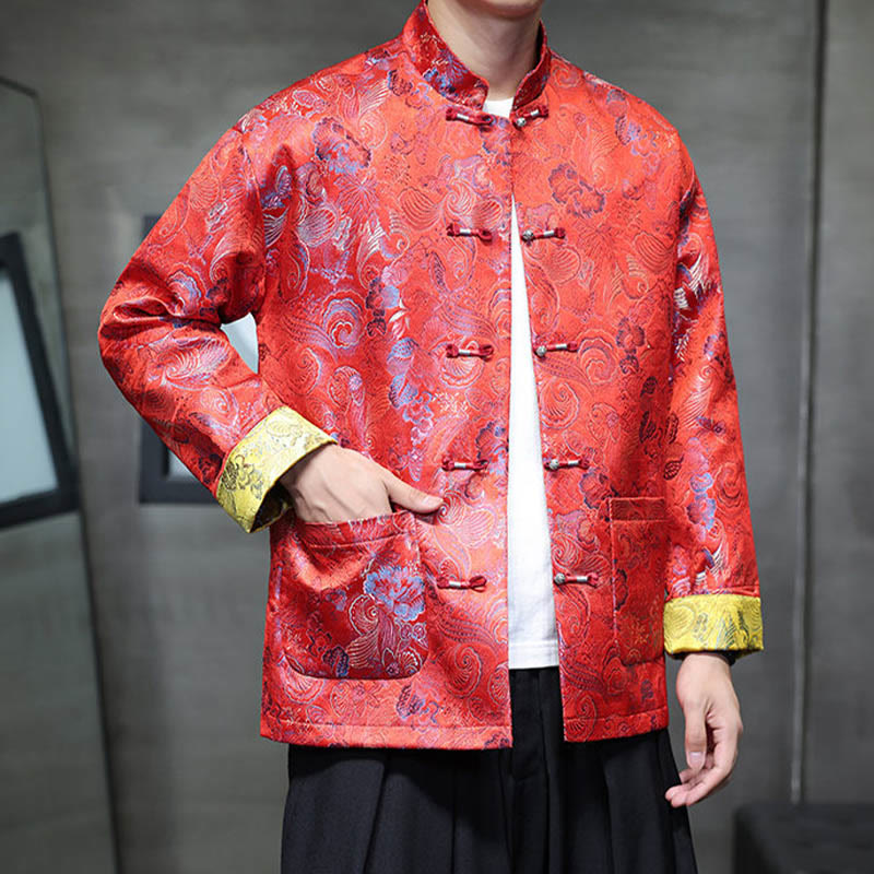 Frog-Button Chinese Tang Suit Stand Collar Long Shirt Men Jacket Clothing