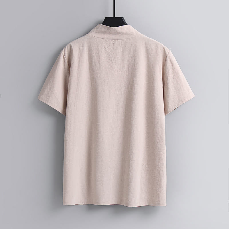 Loose Men's T-Shirt Solid Color Top Short Sleeve V Collar Breathable Linen Shirt