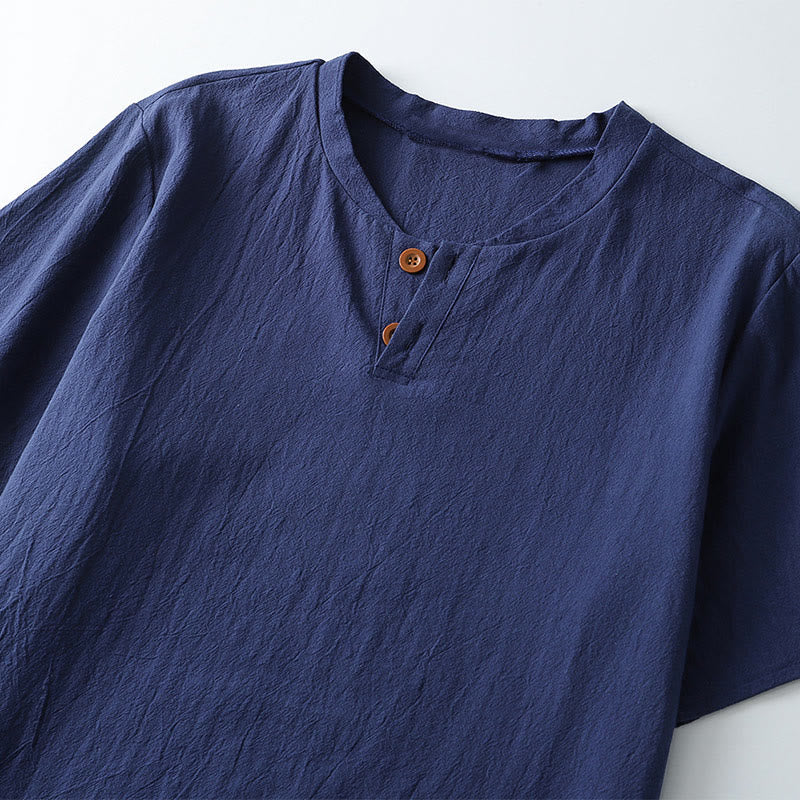 Breathable Linen Notched Neck Meditation Men's T-Shirt