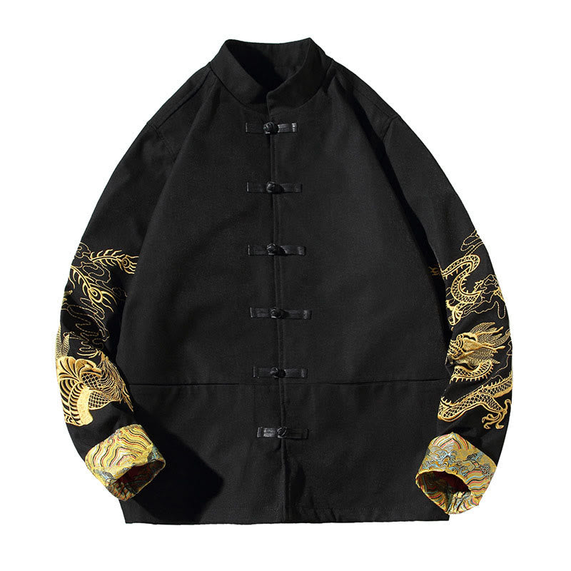 Embroider Dragon Phoenix Casual Frog-button Cotton Men's Jacket Shirt Clothing