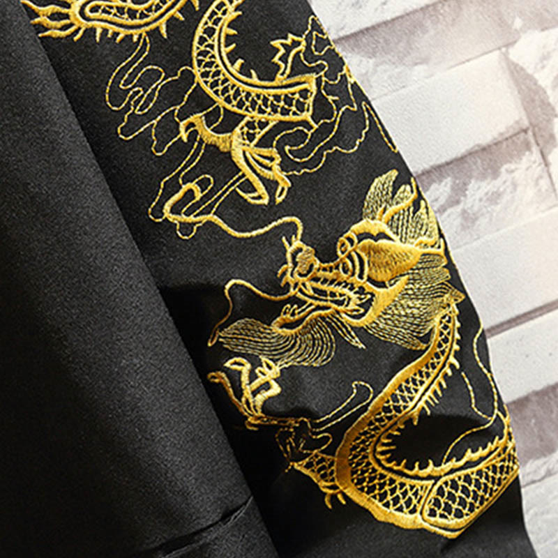 Embroider Dragon Phoenix Casual Frog-button Cotton Men's Jacket Shirt Clothing