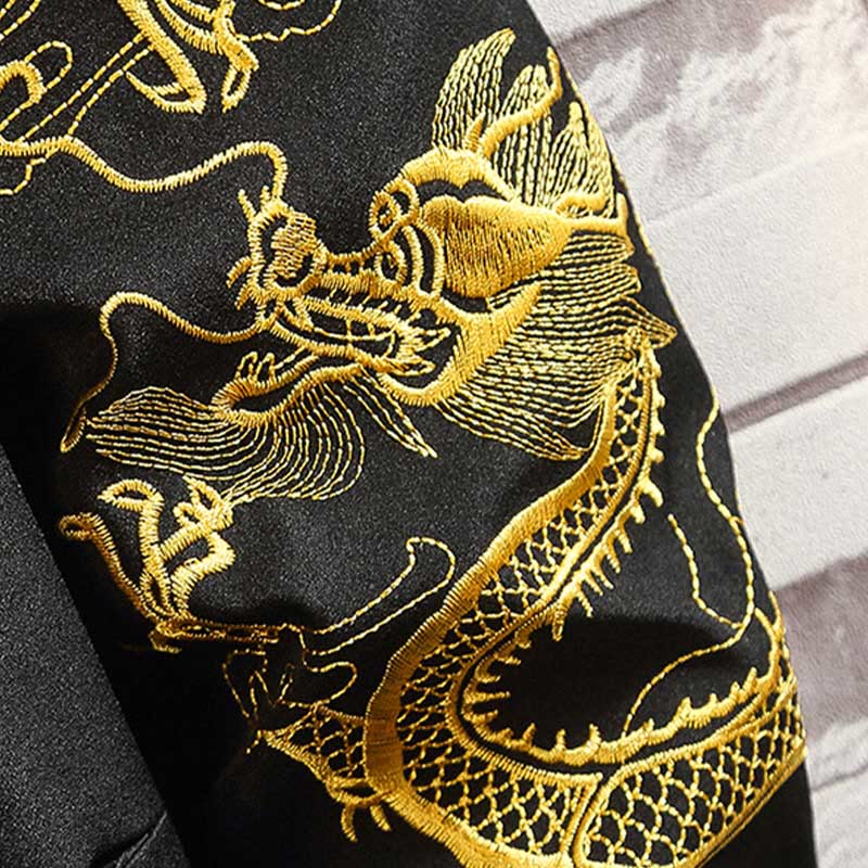 Embroider Dragon Phoenix Casual Frog-button Cotton Men's Jacket Shirt Clothing