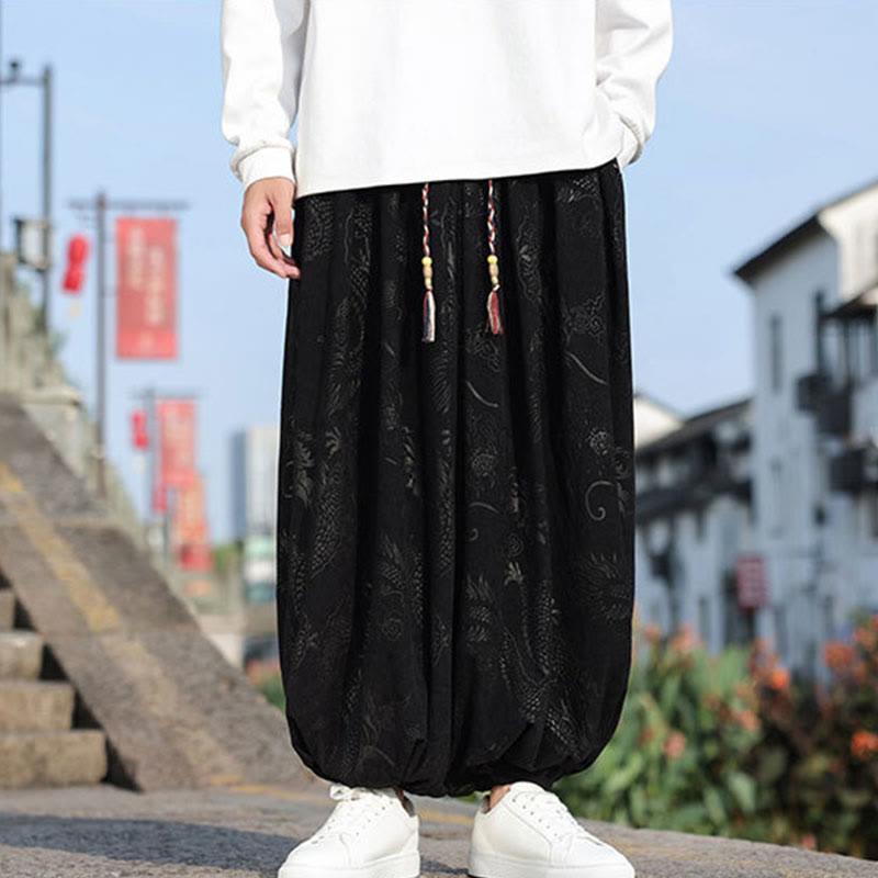 Dragon Design Casual Plain Cotton Men's Pants With Pockets
