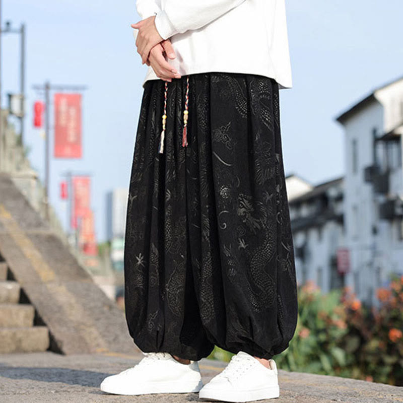 Dragon Design Casual Plain Cotton Men's Pants With Pockets