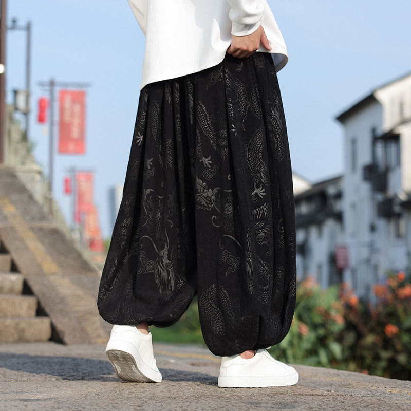 Dragon Design Casual Plain Cotton Men's Pants With Pockets