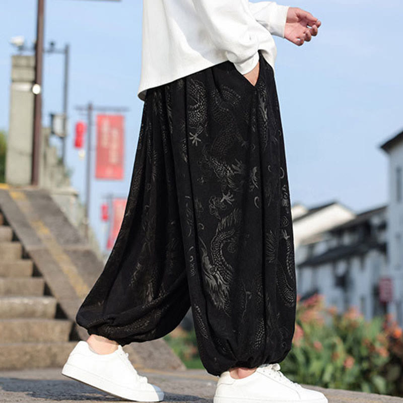 Dragon Design Casual Plain Cotton Men's Pants With Pockets