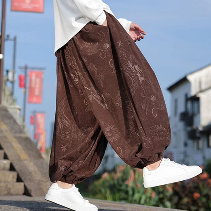 Dragon Design Casual Plain Cotton Men's Pants With Pockets