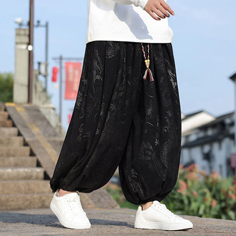 Dragon Design Casual Plain Cotton Men's Pants With Pockets