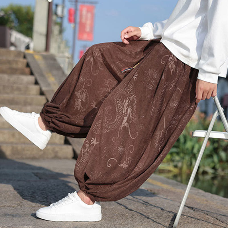 Dragon Design Casual Plain Cotton Men's Pants With Pockets