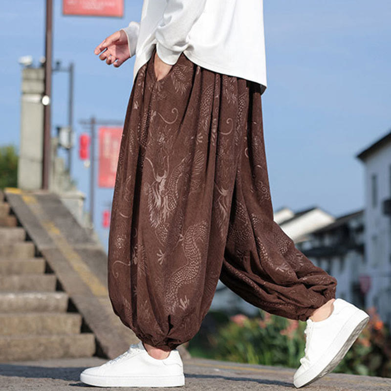 Dragon Design Casual Plain Cotton Men's Pants With Pockets