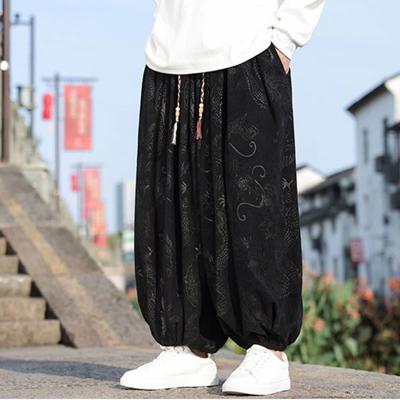 Dragon Design Casual Plain Cotton Men's Pants With Pockets