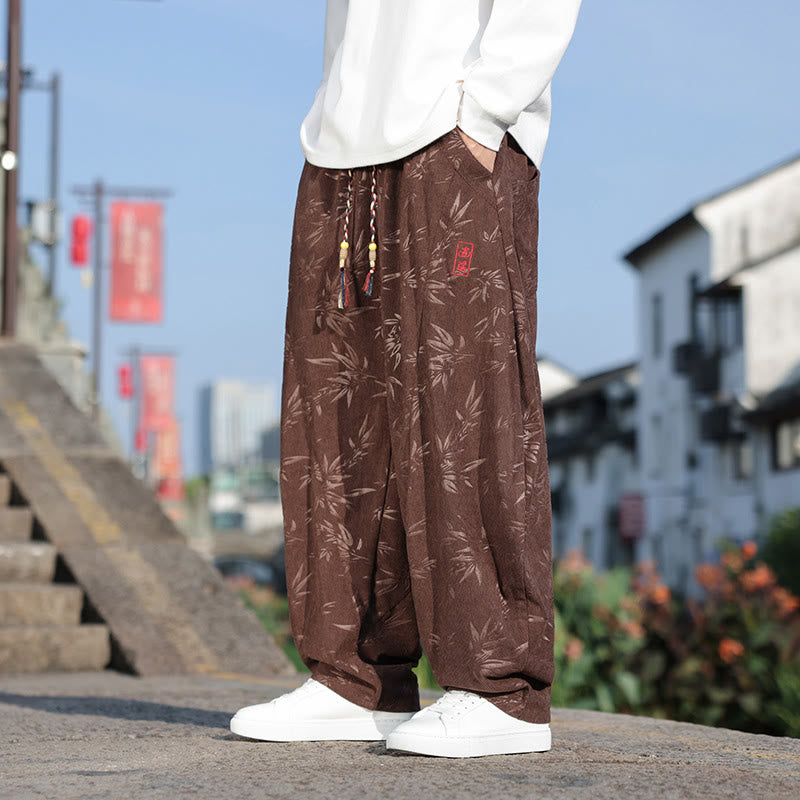 Embroider Leaves Casual Cotton Men's Pants With Pockets