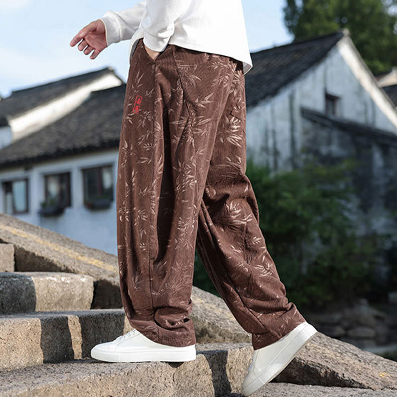 Embroider Leaves Casual Cotton Men's Pants With Pockets
