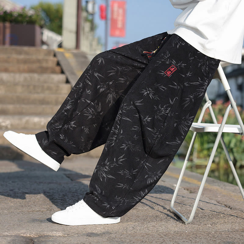 Embroider Leaves Casual Cotton Men's Pants With Pockets