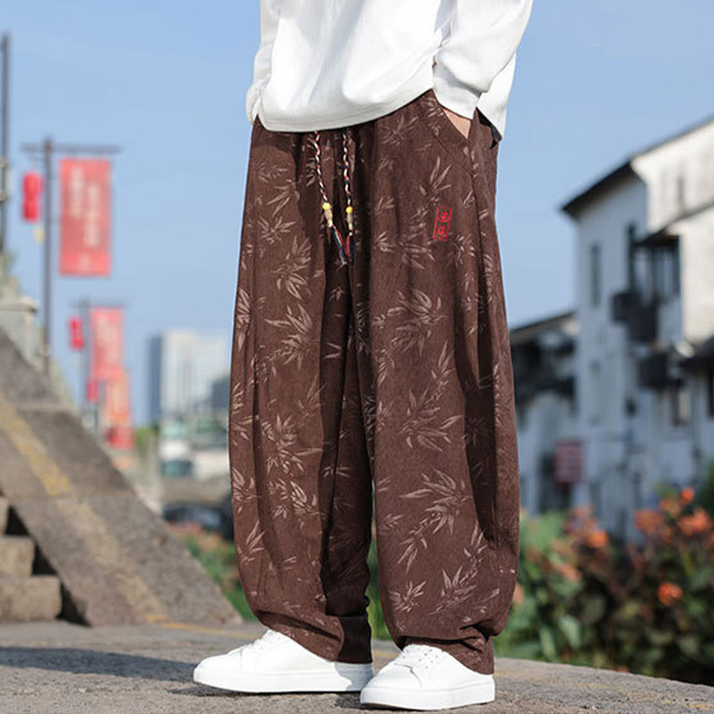Embroider Leaves Casual Cotton Men's Pants With Pockets