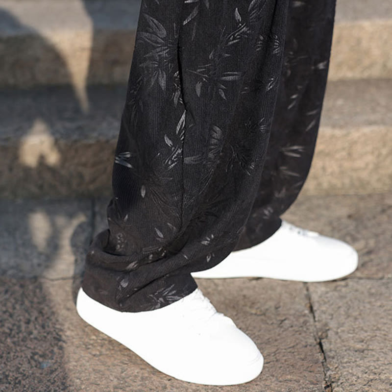 Embroider Leaves Casual Cotton Men's Pants With Pockets