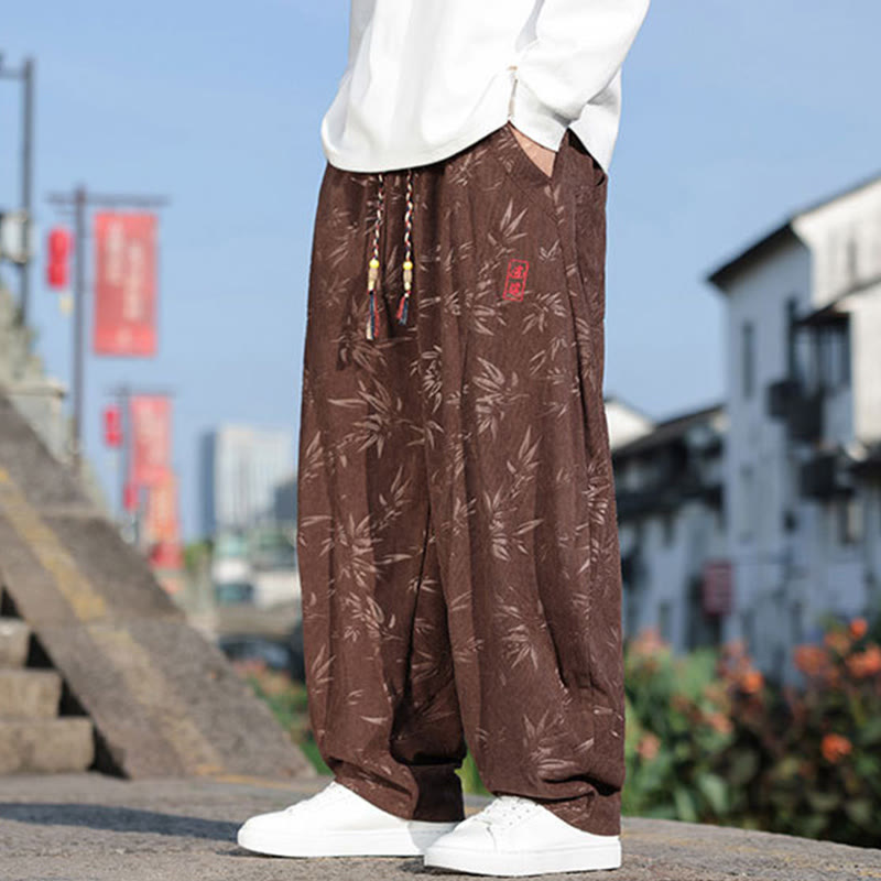 Embroider Leaves Casual Cotton Men's Pants With Pockets