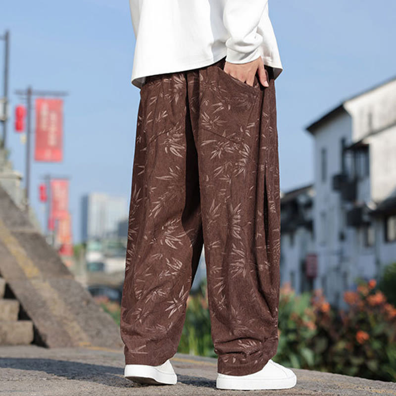 Embroider Leaves Casual Cotton Men's Pants With Pockets