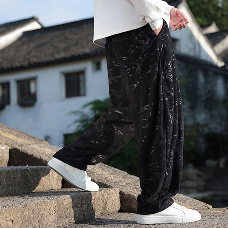Embroider Leaves Casual Cotton Men's Pants With Pockets