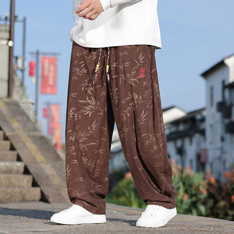 Embroider Leaves Casual Cotton Men's Pants With Pockets