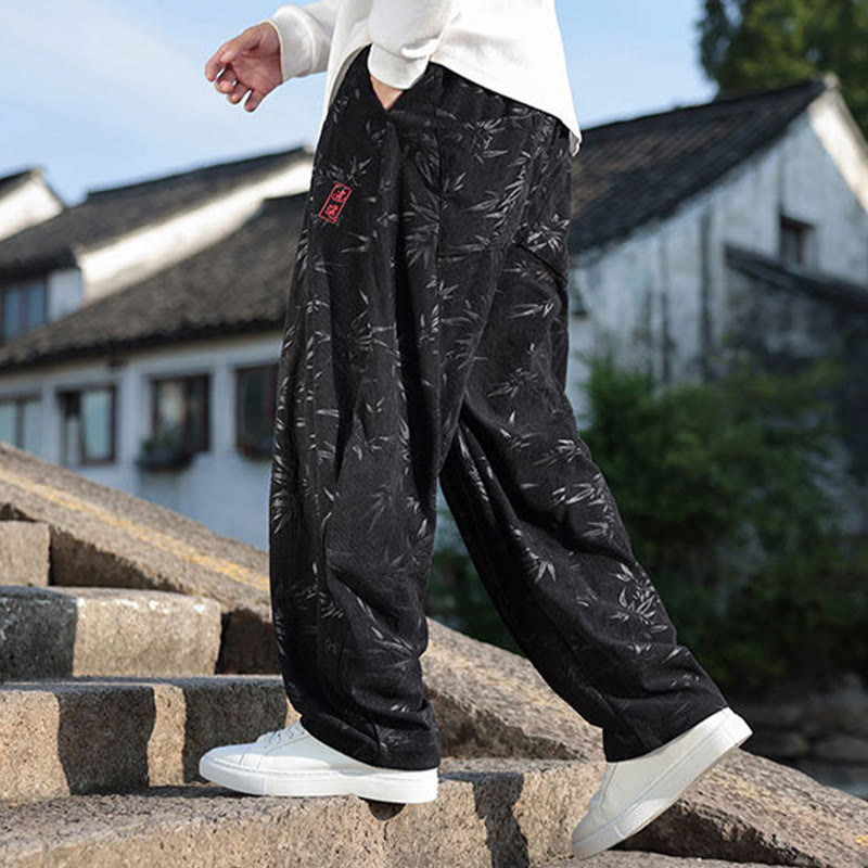 Embroider Leaves Casual Cotton Men's Pants With Pockets