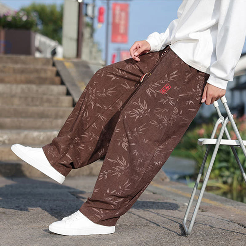 Embroider Leaves Casual Cotton Men's Pants With Pockets