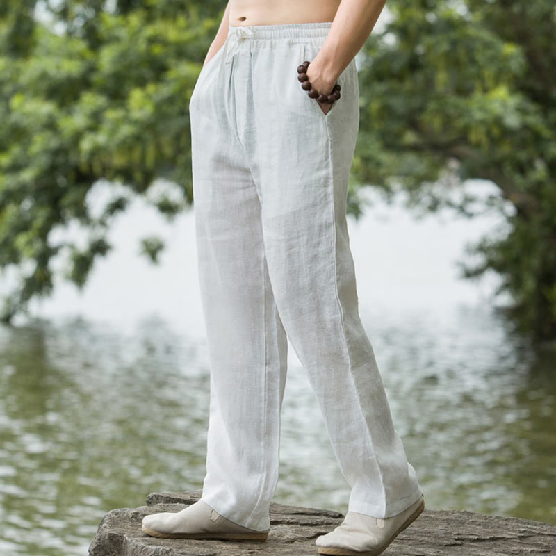 Solid Color Cotton Linen Men's Wide Leg Pants With Pockets