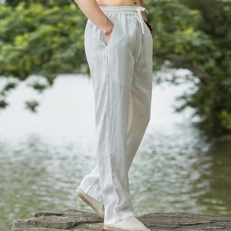 Solid Color Cotton Linen Men's Wide Leg Pants With Pockets