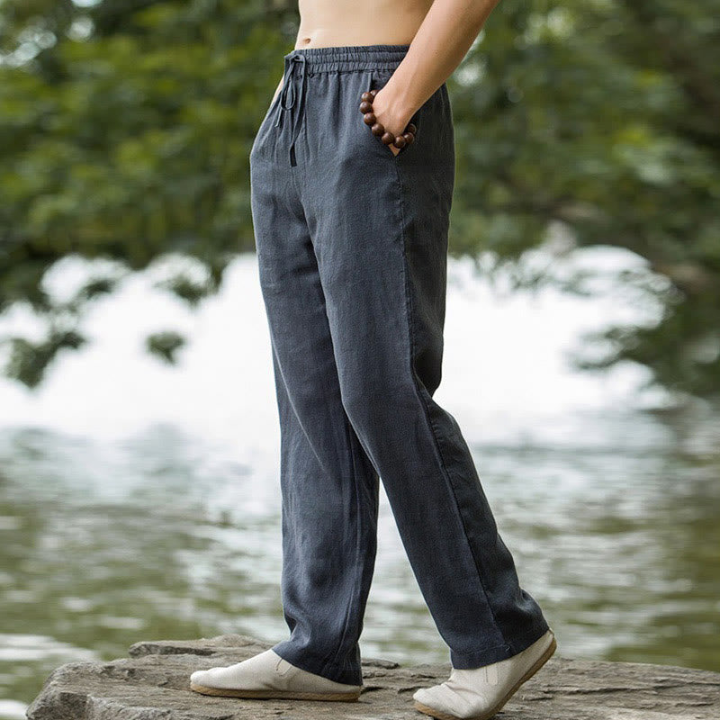 Solid Color Cotton Linen Men's Wide Leg Pants With Pockets