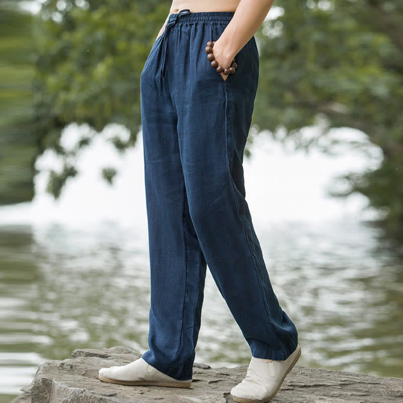 Solid Color Cotton Linen Men's Wide Leg Pants With Pockets