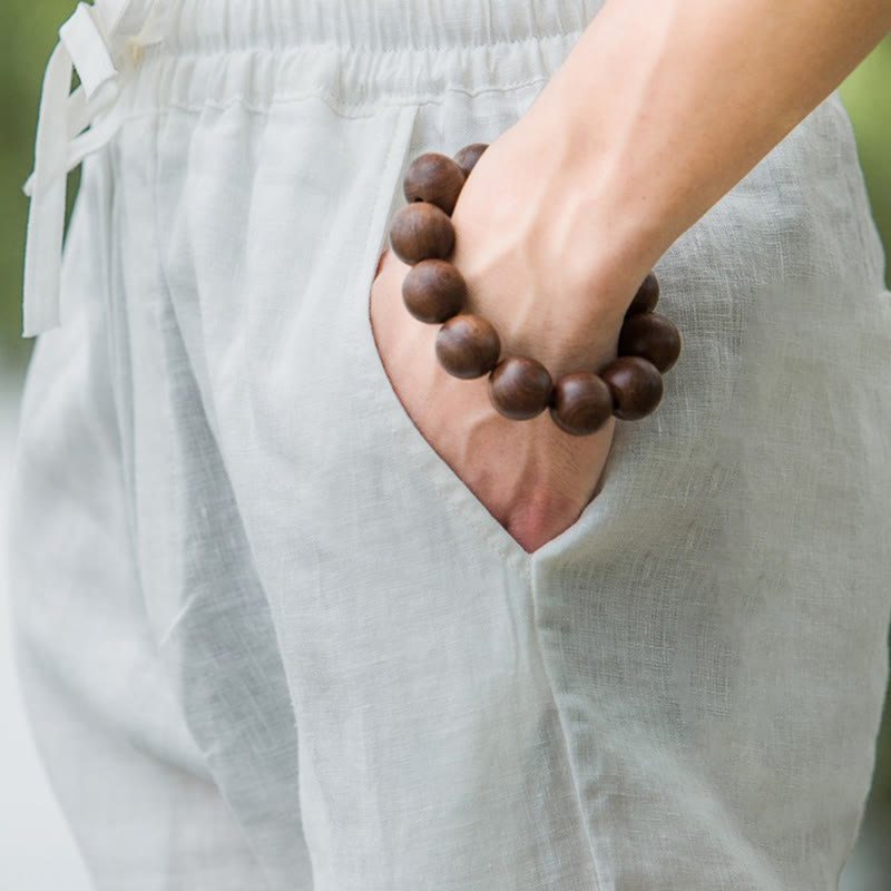 Solid Color Cotton Linen Men's Wide Leg Pants With Pockets