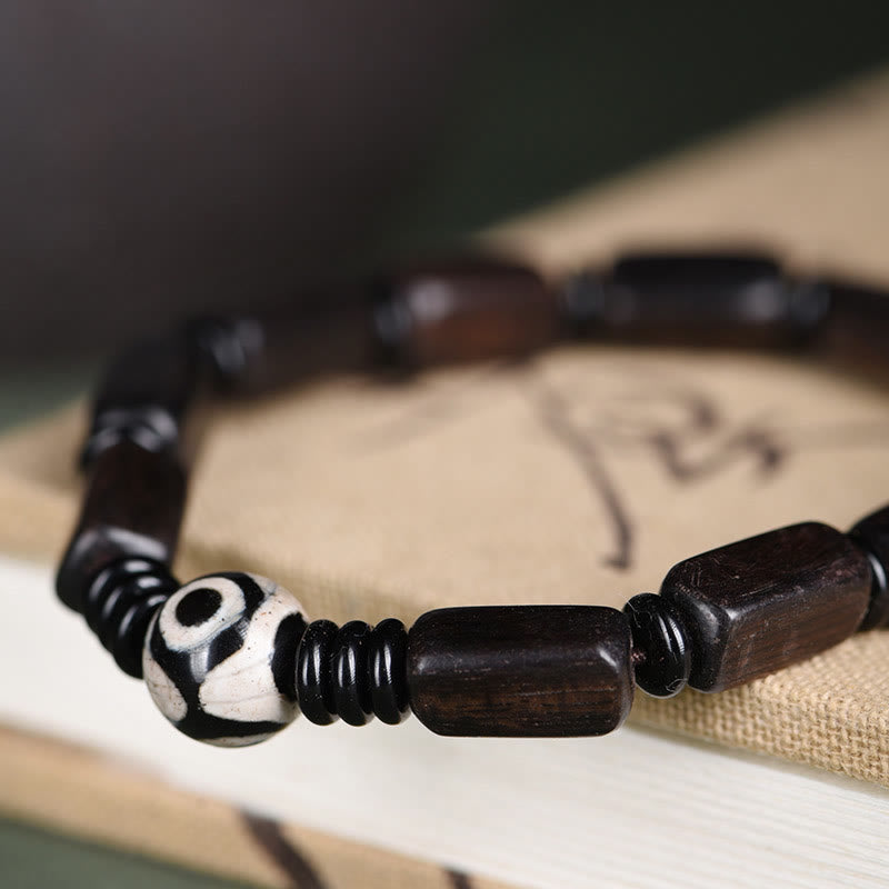 Ebony Wood Rectangular Beads Dzi Bead Balance Bracelet