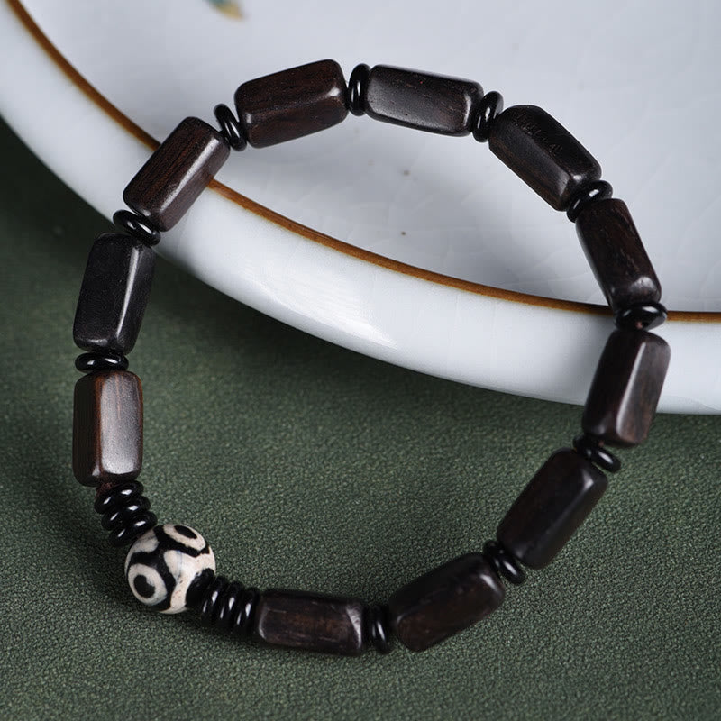 Ebony Wood Rectangular Beads Dzi Bead Balance Bracelet