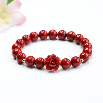 8mm Cinnabar Beaded Bracelet with Hand-Carved Rose Centerpiece