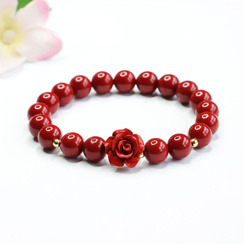 8mm Cinnabar Beaded Bracelet with Hand-Carved Rose Centerpiece
