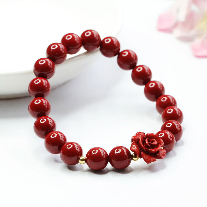 8mm Cinnabar Beaded Bracelet with Hand-Carved Rose Centerpiece