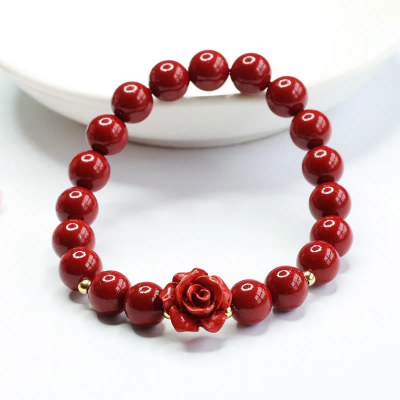 8mm Cinnabar Beaded Bracelet with Hand-Carved Rose Centerpiece