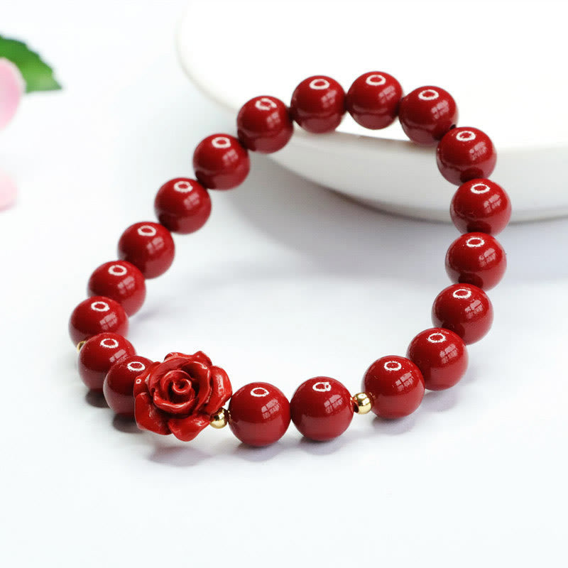 8mm Cinnabar Beaded Bracelet with Hand-Carved Rose Centerpiece