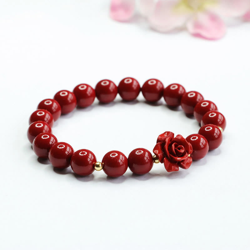 8mm Cinnabar Beaded Bracelet with Hand-Carved Rose Centerpiece