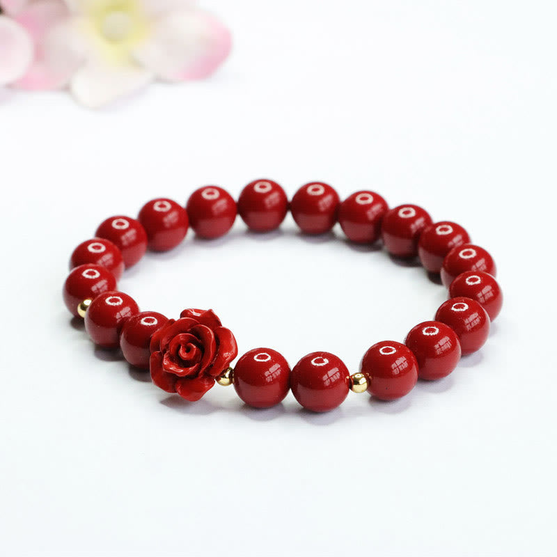 8mm Cinnabar Beaded Bracelet with Hand-Carved Rose Centerpiece
