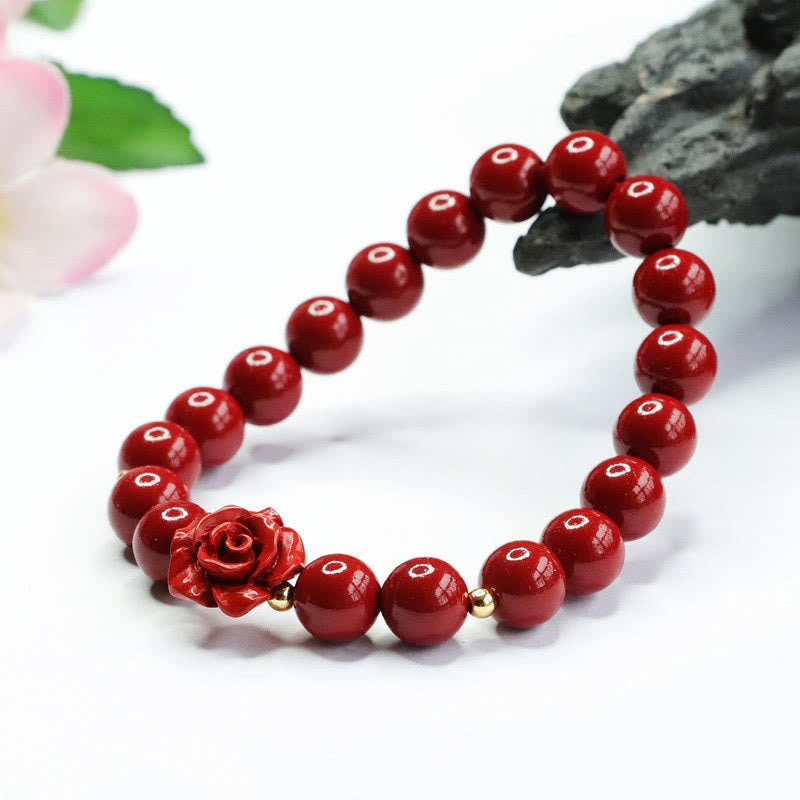 8mm Cinnabar Beaded Bracelet with Hand-Carved Rose Centerpiece