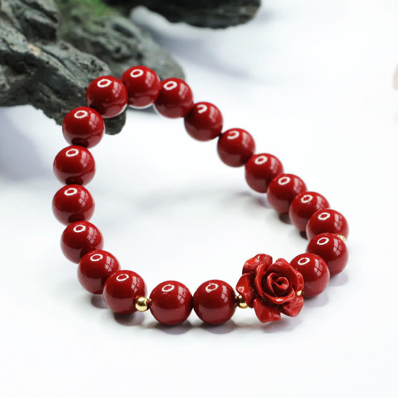 8mm Cinnabar Beaded Bracelet with Hand-Carved Rose Centerpiece